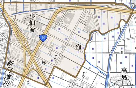 大字小仙波とその周辺の地図。町の範囲を重ねている