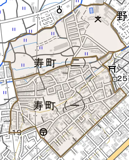 寿町とその周辺の地図。町の範囲を重ねている