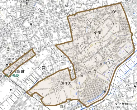 大字小堤とその周辺の地図。町の範囲を重ねている