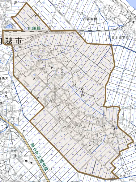 大字久下戸とその周辺の地図。町の範囲を重ねている