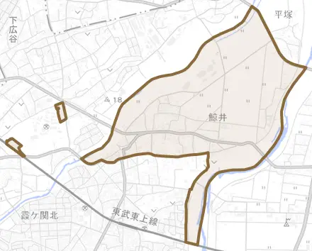 大字鯨井とその周辺の地図。町の範囲を重ねている