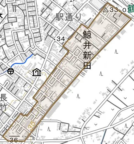 大字鯨井新田とその周辺の地図。町の範囲を重ねている