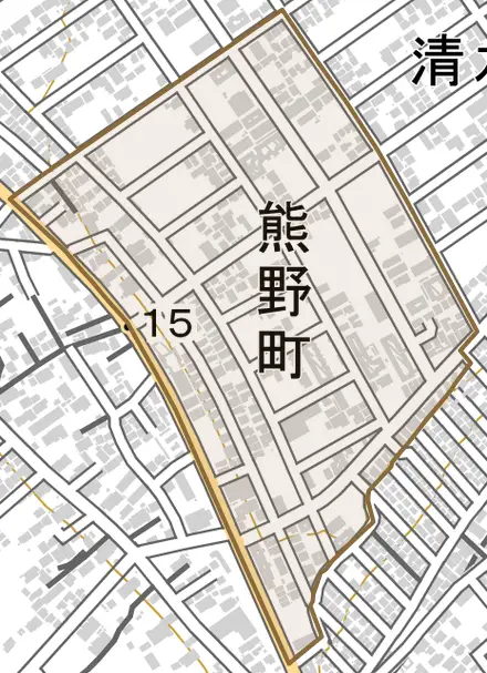 熊野町とその周辺の地図。町の範囲を重ねている