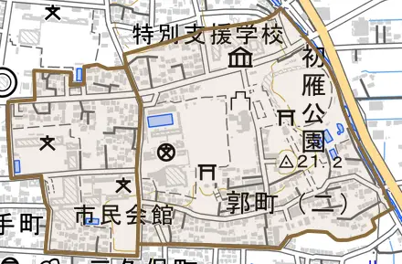 郭町とその周辺の地図。町の範囲を重ねている