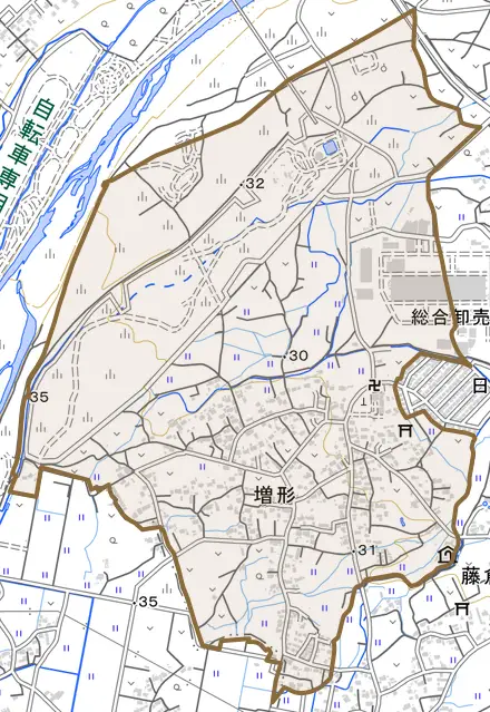 大字増形とその周辺の地図。町の範囲を重ねている