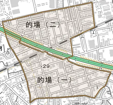 的場とその周辺の地図。町の範囲を重ねている