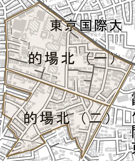 的場北とその周辺の地図。町の範囲を重ねている