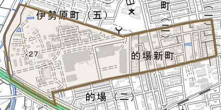 的場新町とその周辺の地図。町の範囲を重ねている