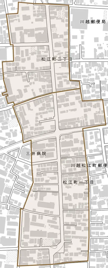 松江町とその周辺の地図。町の範囲を重ねている