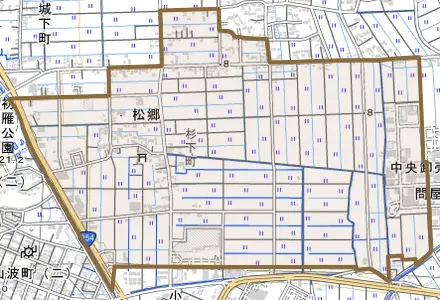 大字松郷とその周辺の地図。町の範囲を重ねている