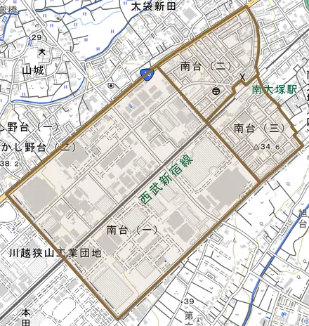 南台とその周辺の地図。町の範囲を重ねている