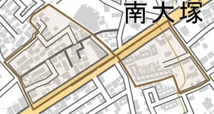 大字南大塚とその周辺の地図。町の範囲を重ねている