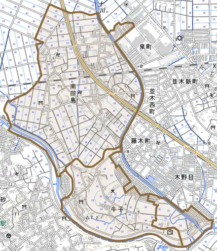 大字南田島とその周辺の地図。町の範囲を重ねている
