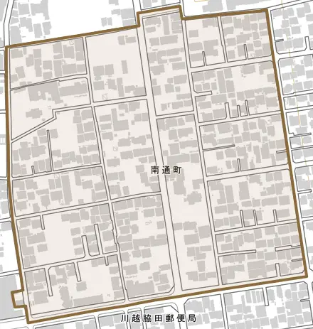 南通町とその周辺の地図。町の範囲を重ねている