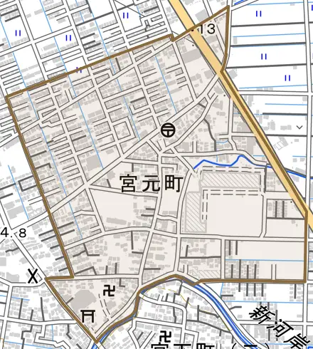宮元町とその周辺の地図。町の範囲を重ねている