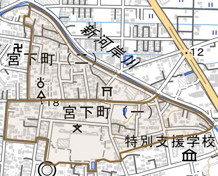 宮下町とその周辺の地図。町の範囲を重ねている
