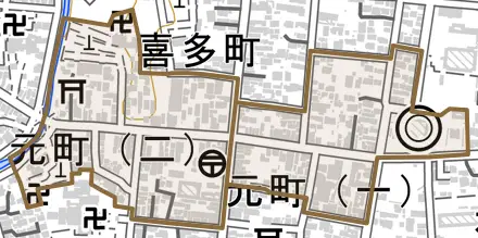 元町とその周辺の地図。町の範囲を重ねている