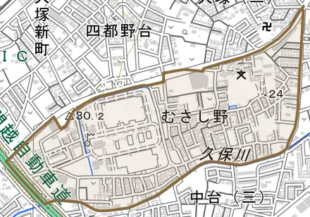 むさし野とその周辺の地図。町の範囲を重ねている