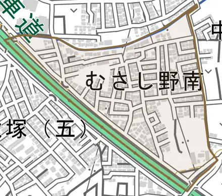 むさし野南とその周辺の地図。町の範囲を重ねている