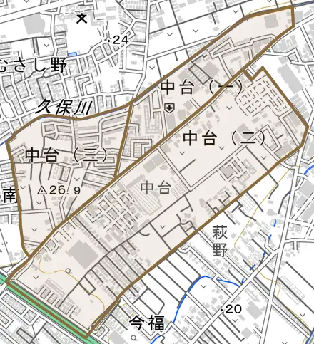 中台とその周辺の地図。町の範囲を重ねている