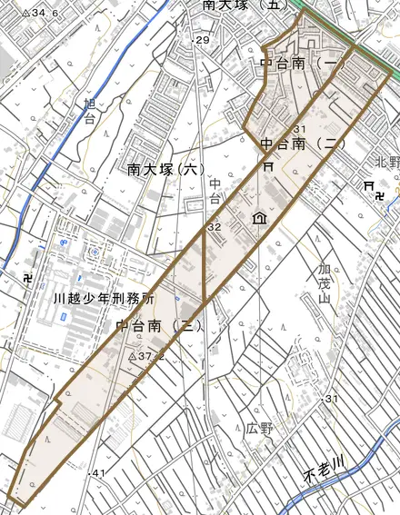 中台南とその周辺の地図。町の範囲を重ねている