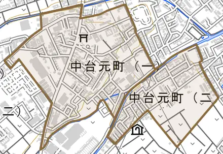 中台元町とその周辺の地図。町の範囲を重ねている