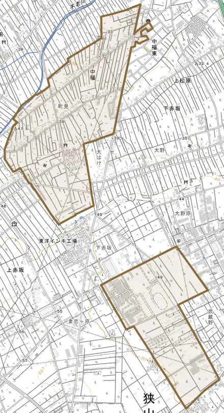 大字中福とその周辺の地図。町の範囲を重ねている