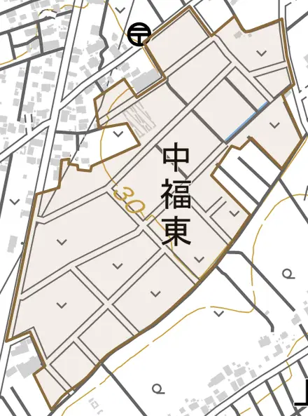 中福東とその周辺の地図。町の範囲を重ねている