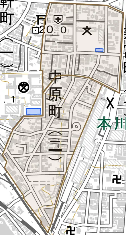 中原町とその周辺の地図。町の範囲を重ねている
