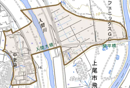 大字中老袋とその周辺の地図。町の範囲を重ねている