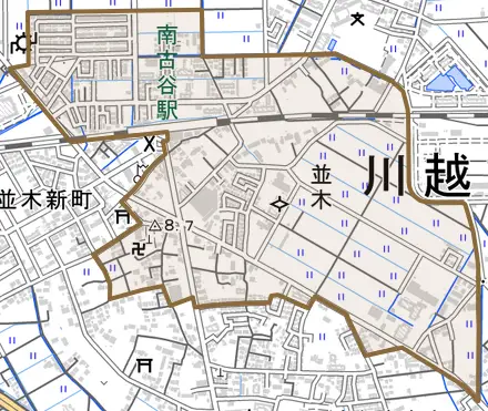 大字並木とその周辺の地図。町の範囲を重ねている