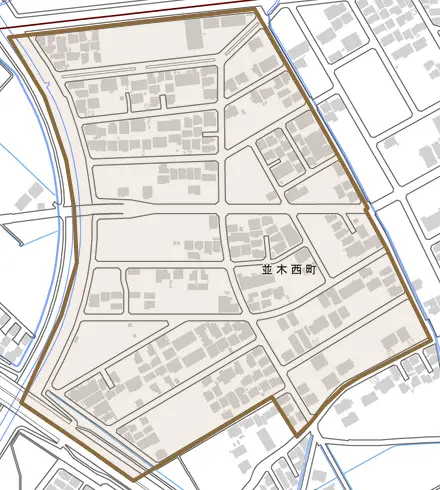 並木西町とその周辺の地図。町の範囲を重ねている