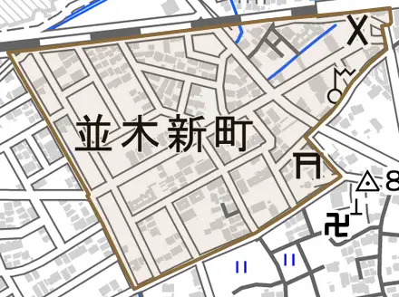 並木新町とその周辺の地図。町の範囲を重ねている