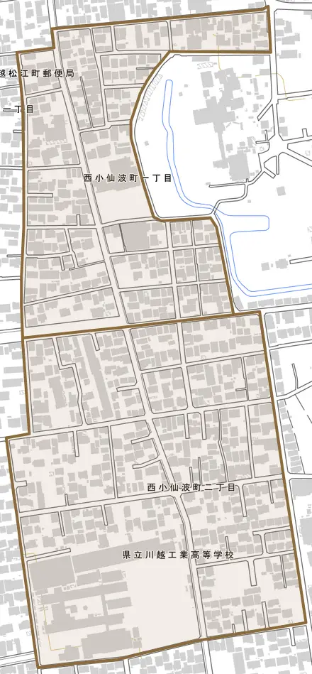 西小仙波町とその周辺の地図。町の範囲を重ねている