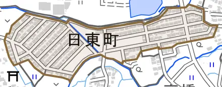 日東町とその周辺の地図。町の範囲を重ねている