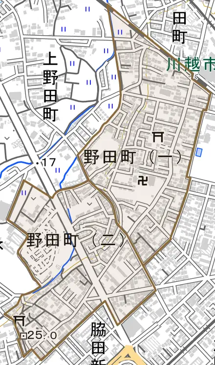 野田町とその周辺の地図。町の範囲を重ねている