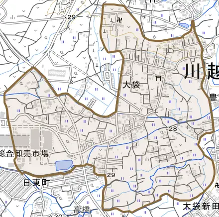 大字大袋とその周辺の地図。町の範囲を重ねている