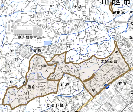 大字大袋新田とその周辺の地図。町の範囲を重ねている