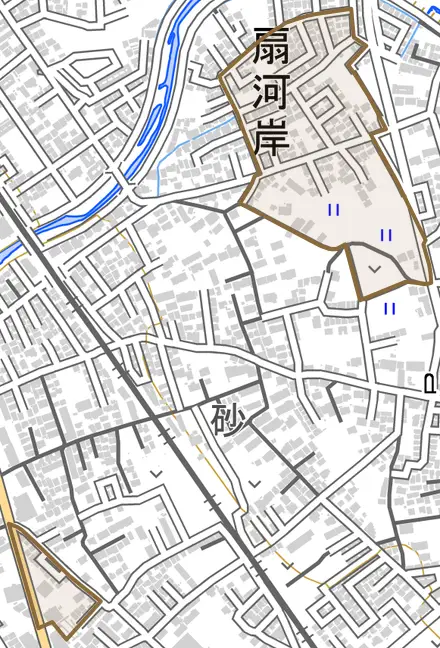 大字扇河岸とその周辺の地図。町の範囲を重ねている