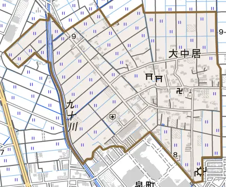 大字大中居とその周辺の地図。町の範囲を重ねている