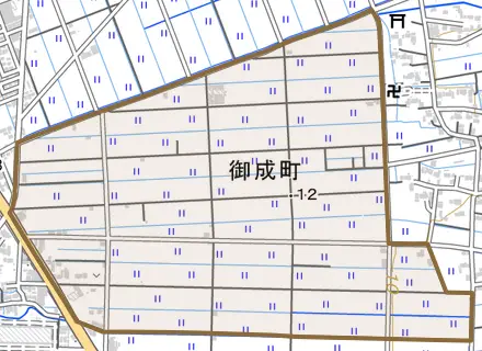 御成町とその周辺の地図。町の範囲を重ねている