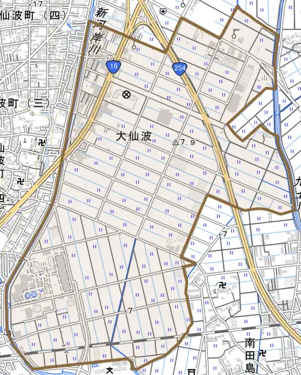 大字大仙波とその周辺の地図。町の範囲を重ねている