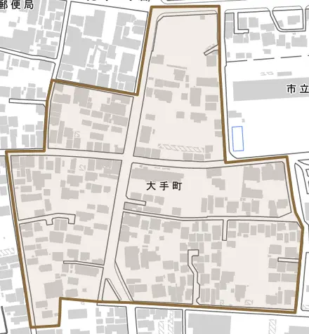 大手町とその周辺の地図。町の範囲を重ねている