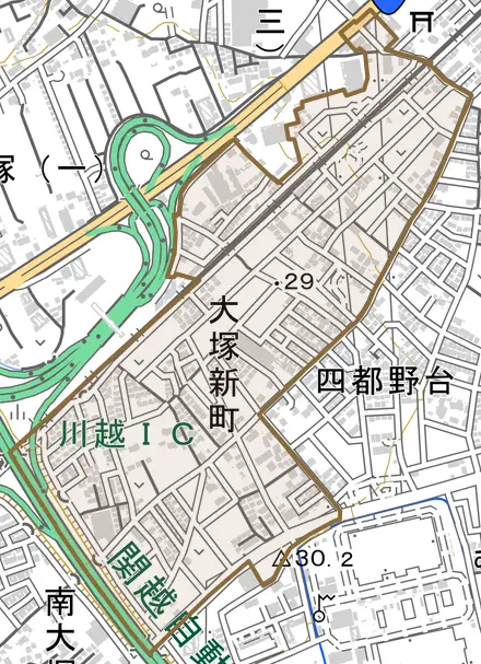 大塚新町とその周辺の地図。町の範囲を重ねている