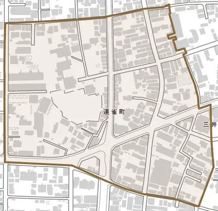 連雀町とその周辺の地図。町の範囲を重ねている