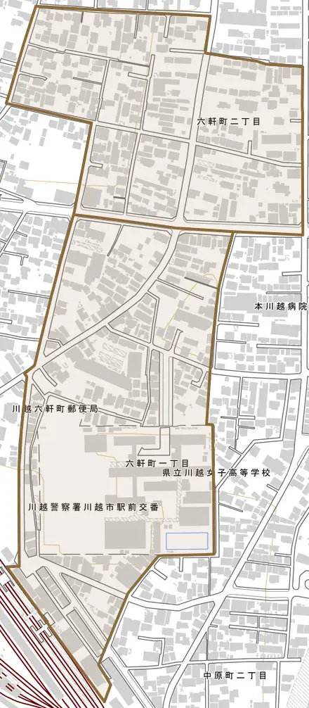 六軒町とその周辺の地図。町の範囲を重ねている