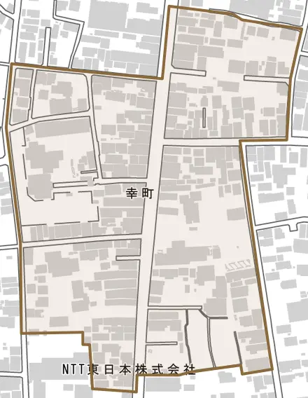 幸町とその周辺の地図。町の範囲を重ねている