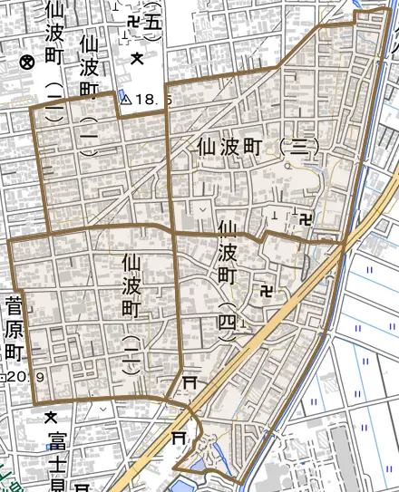 仙波町とその周辺の地図。町の範囲を重ねている