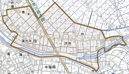 大字渋井とその周辺の地図。町の範囲を重ねている