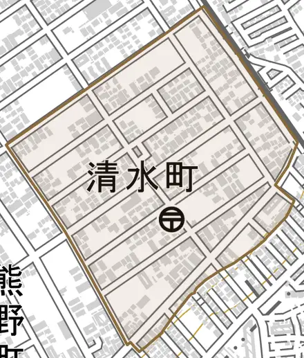 清水町とその周辺の地図。町の範囲を重ねている